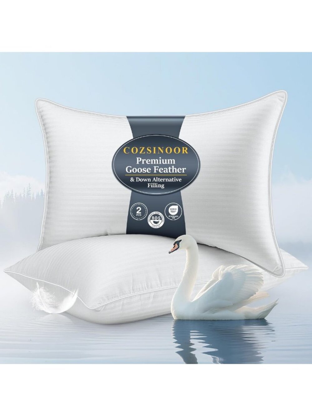 Queen Size Goose Down Feather Pillows Set of 2 - Soft, Luxurious Comfort